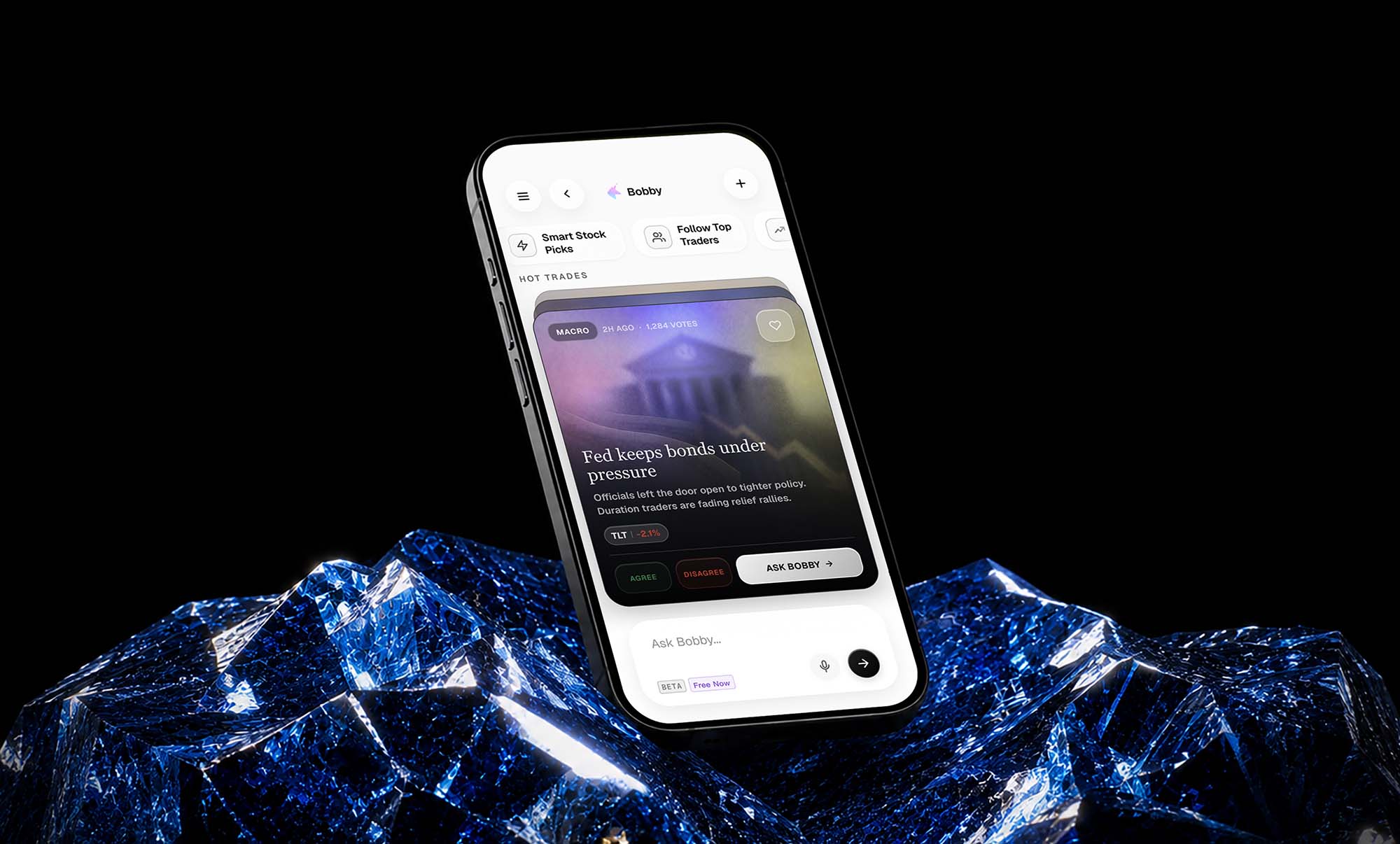 Bobby AI hot trades experience displayed on a mobile device above blue crystals