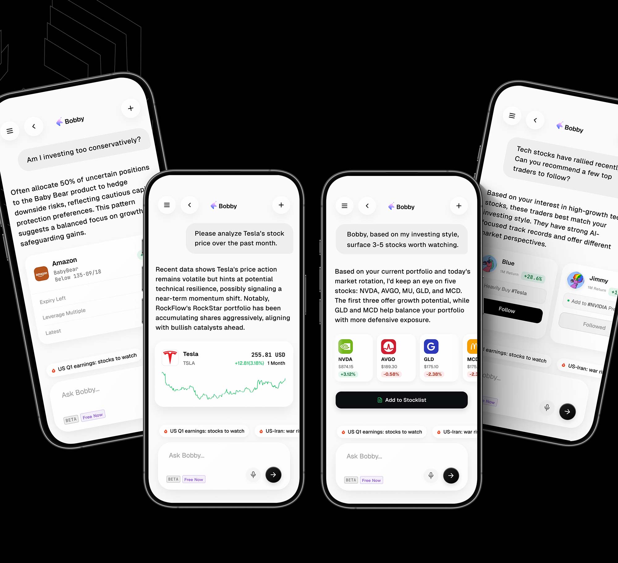 Four Bobby AI screens demonstrating investment analysis and stock discovery
