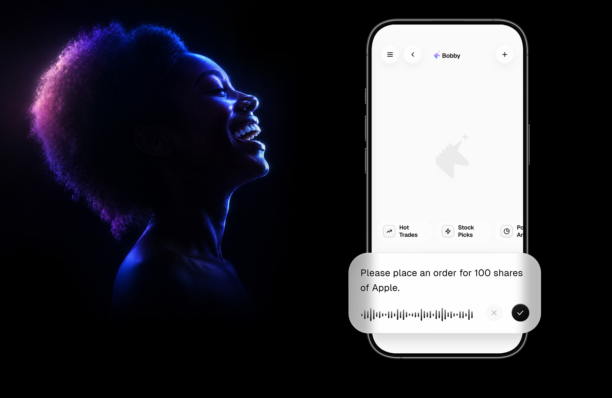 Bobby voice trading interface beside a person speaking