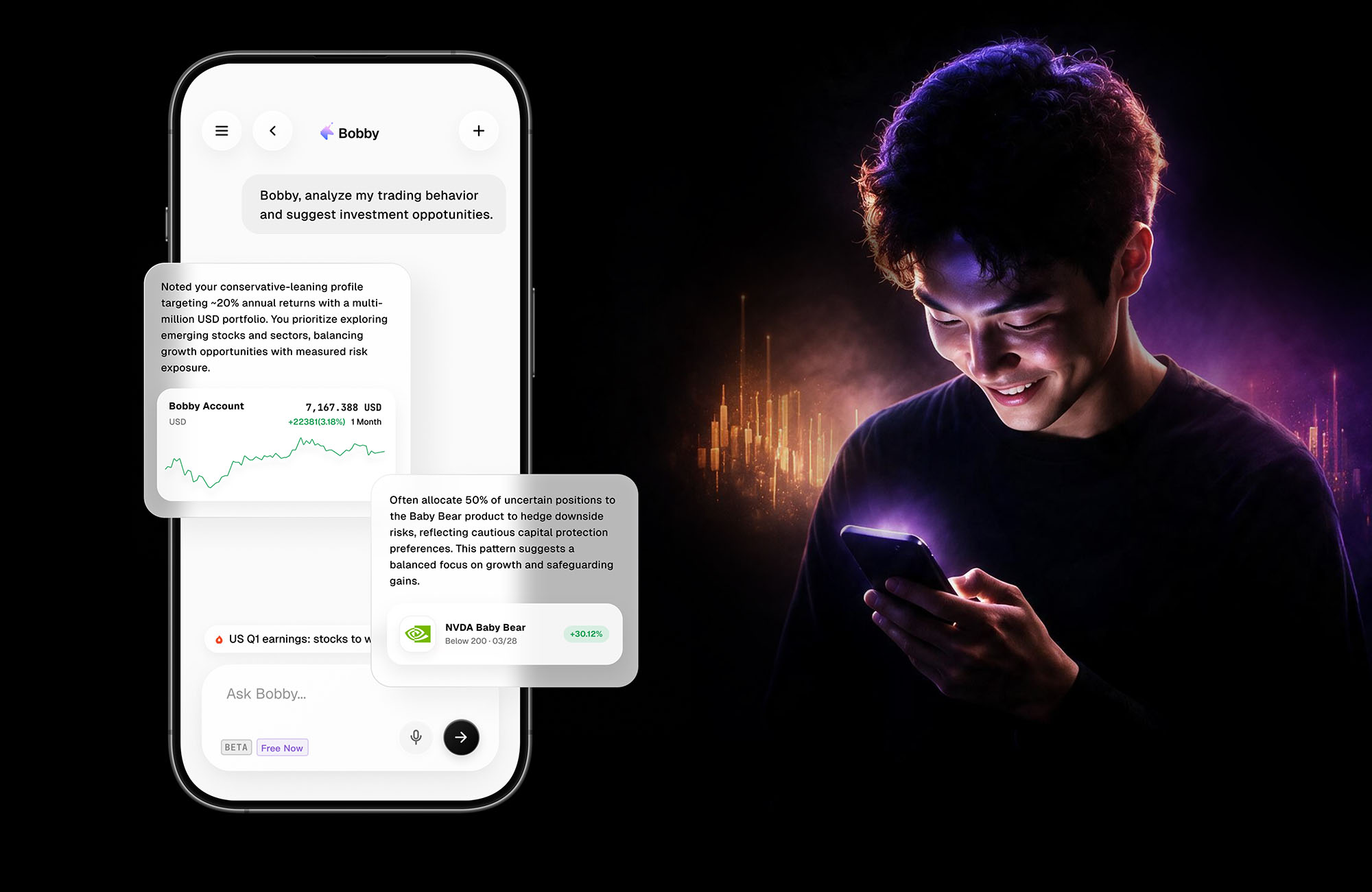 Bobby personalized portfolio insights beside an investor