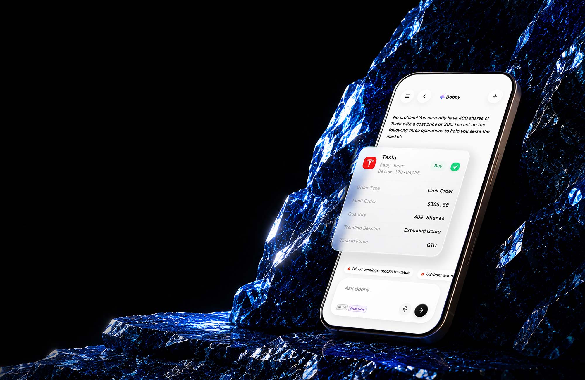 Bobby automated Tesla trading rule shown among blue crystals