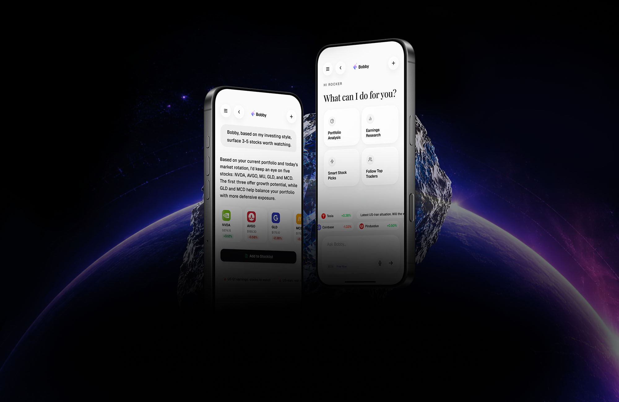 Two Bobby AI mobile experiences above a futuristic planet