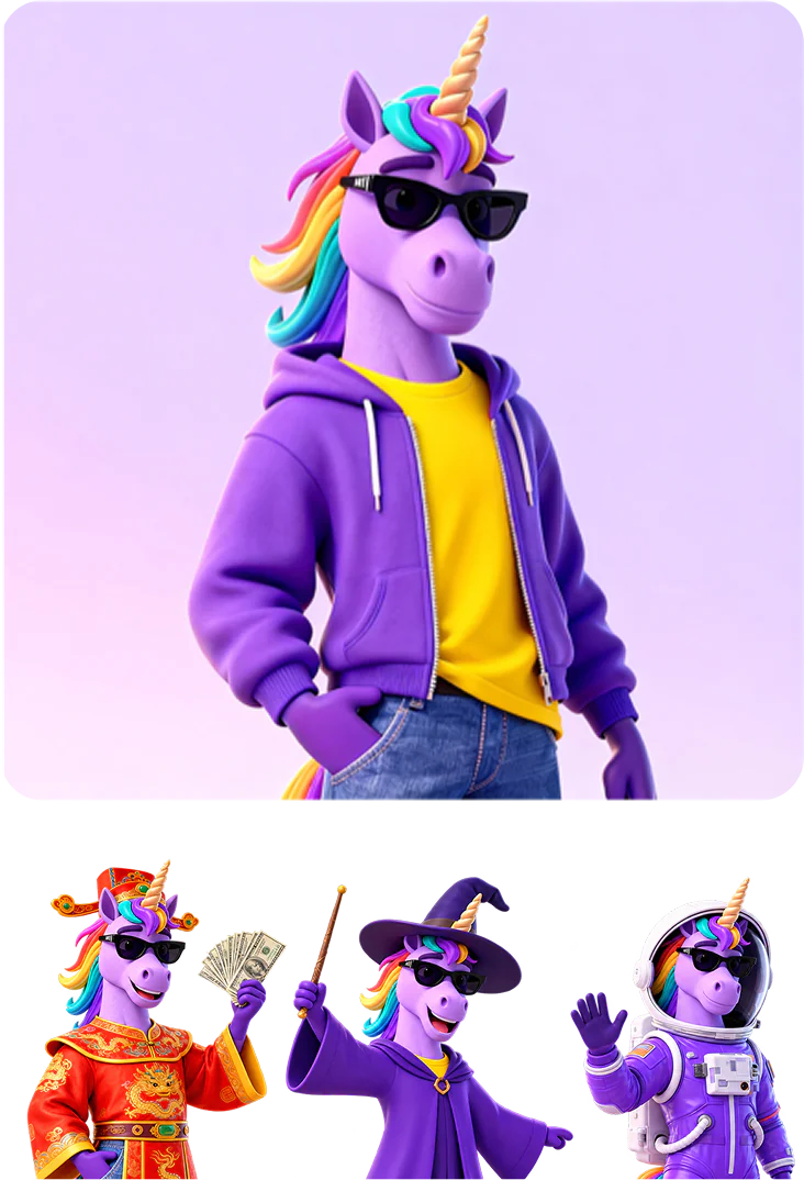 Rich, RockFlow's unicorn brand mascot and character variations