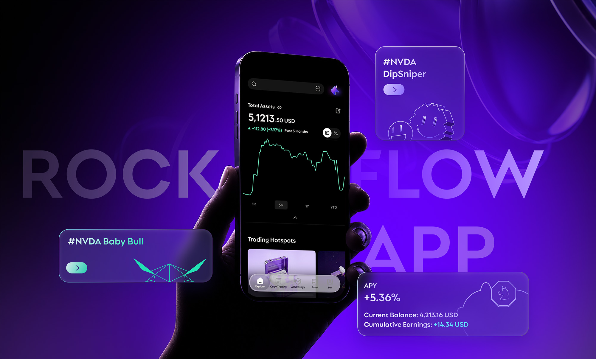RockFlow mobile investment product with market cards and AI-powered trading experiences