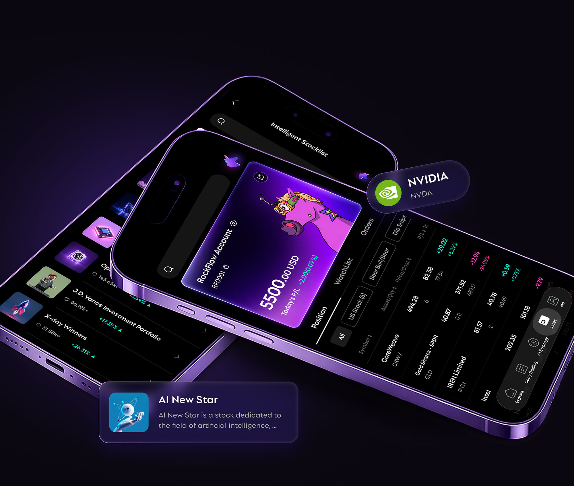 RockFlow App shown across mobile devices with intelligent stocklists, portfolio data and AI investment cards