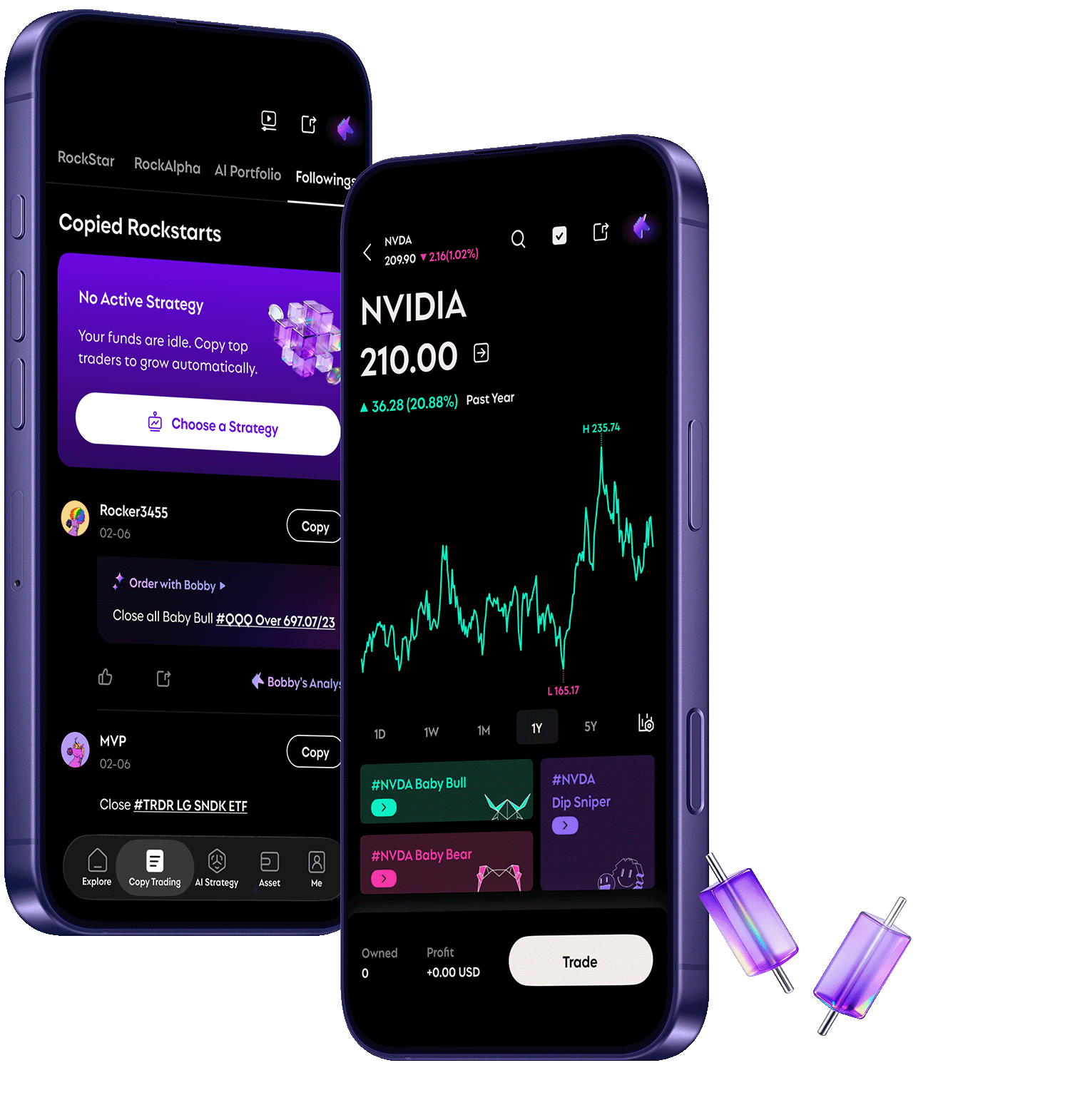 RockFlow mobile interfaces showing copy trading and stock analysis