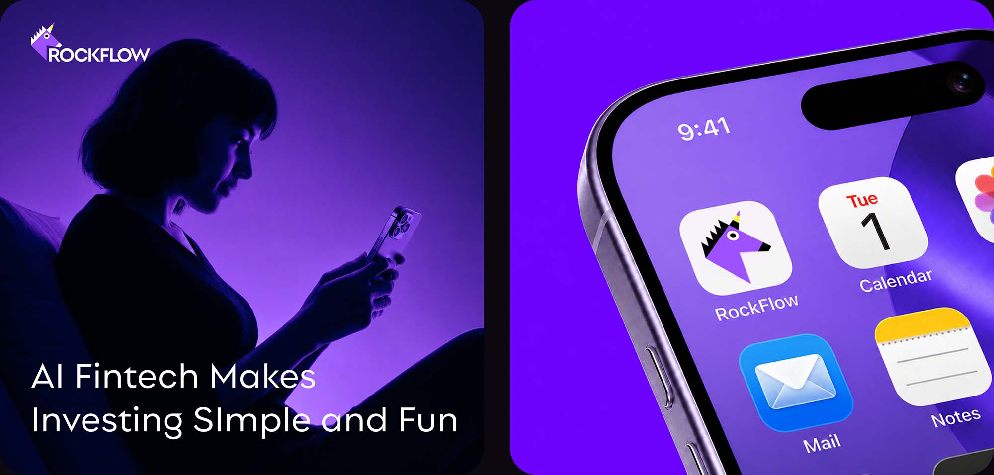 RockFlow AI fintech campaign and mobile app icon visuals