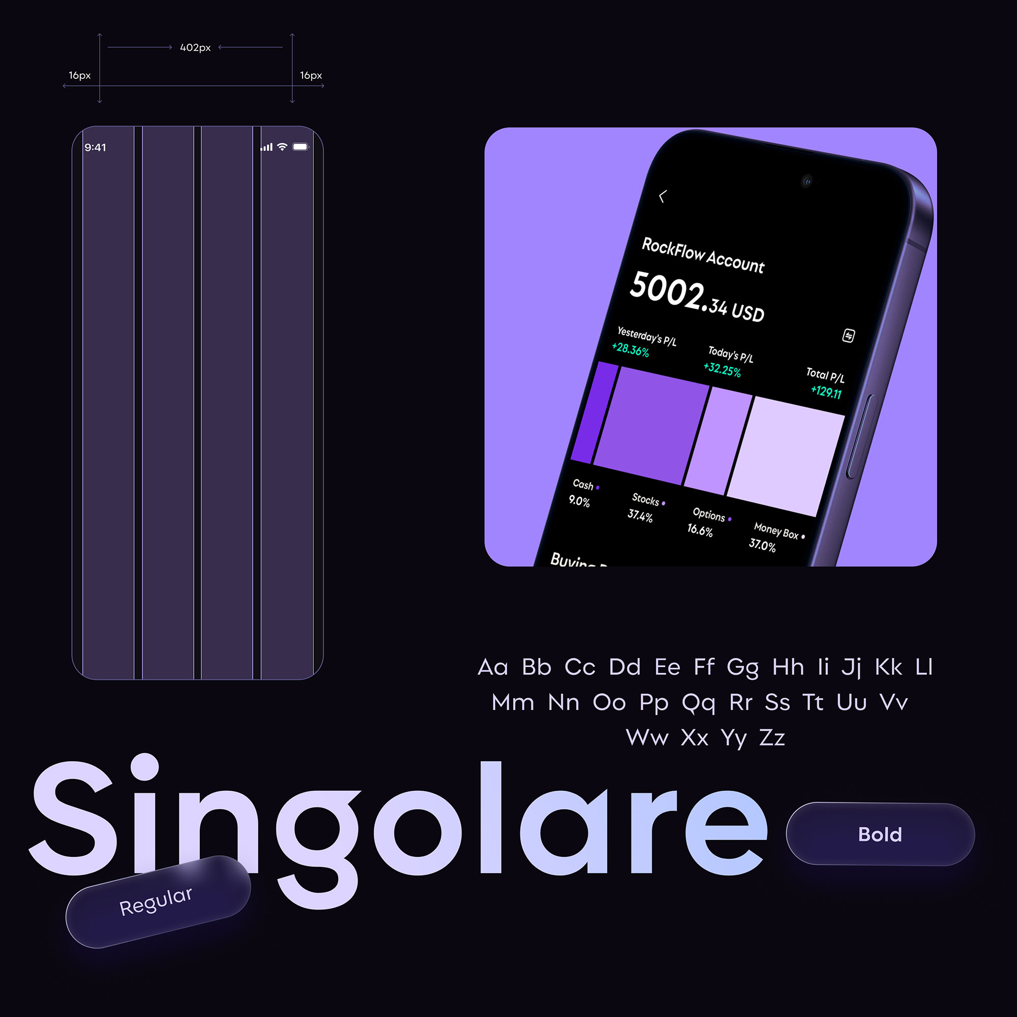 RockFlow typography, spacing grid and mobile interface design system
