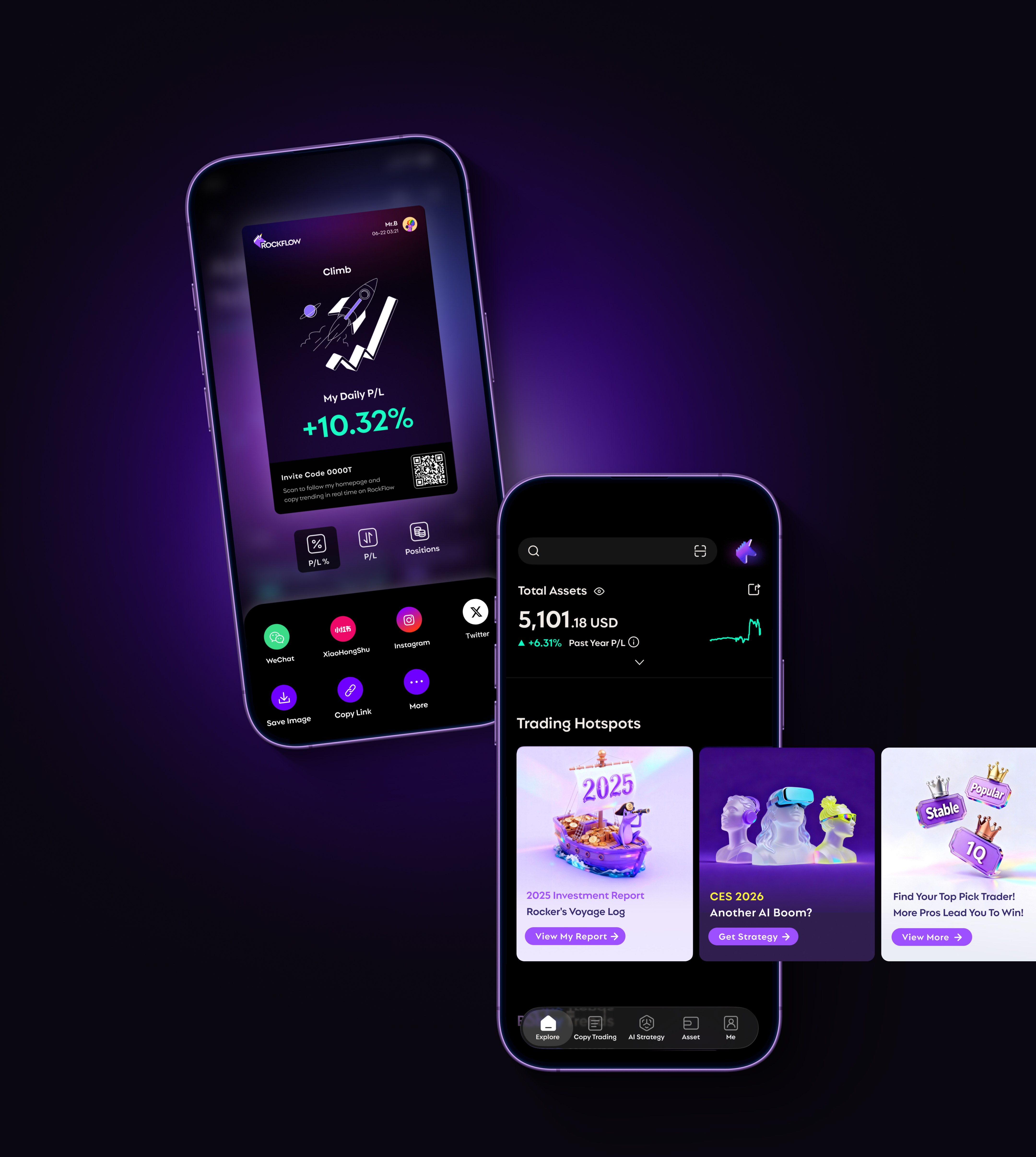 RockFlow mobile interfaces showing performance sharing and trading hotspots