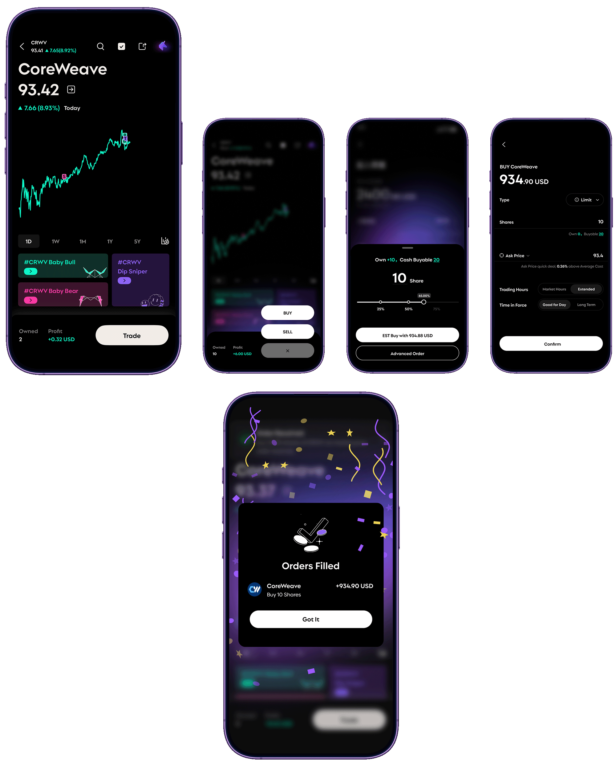 RockFlow stock trading flow across five mobile screens