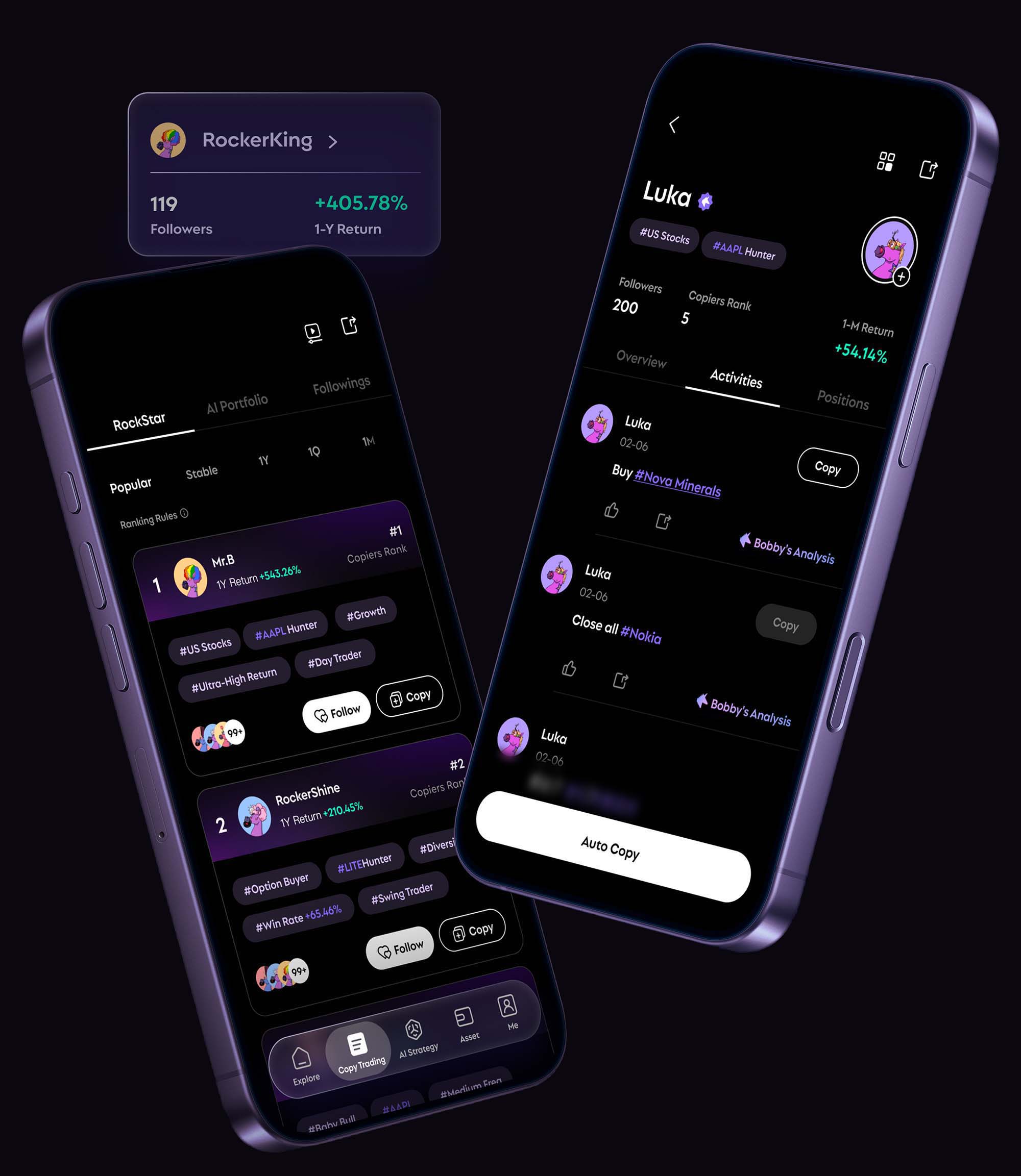 RockFlow copy-trading experience across two mobile screens