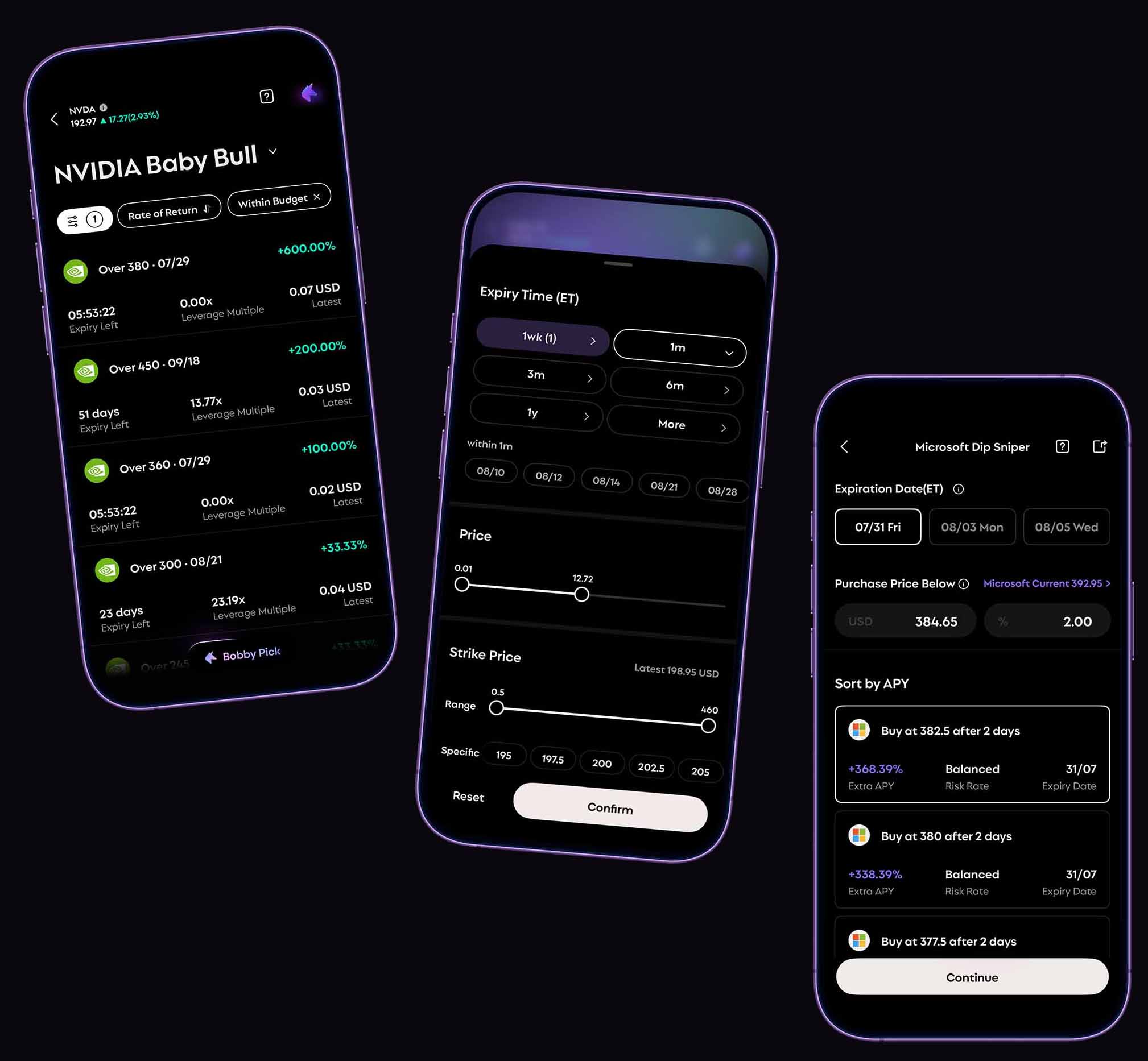 RockFlow smarter options trading across three mobile screens
