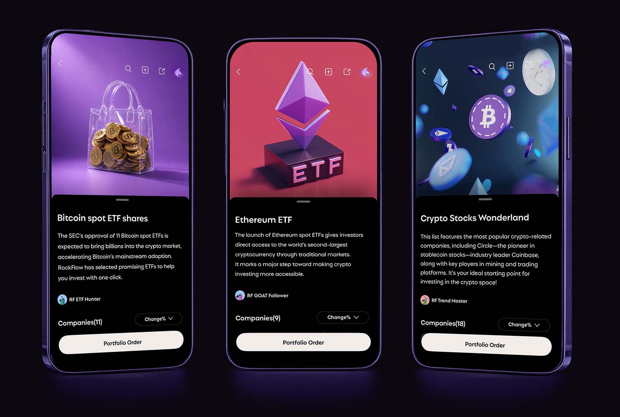 RockFlow crypto ETF investing experiences across three mobile screens