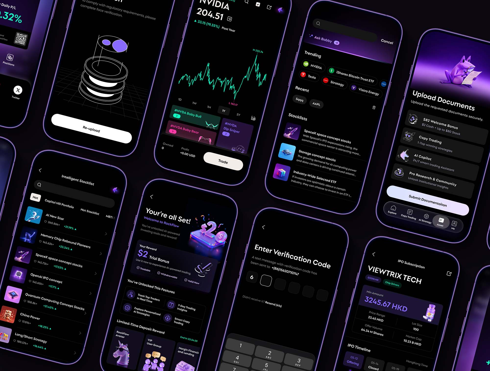 A gallery of RockFlow mobile product interfaces
