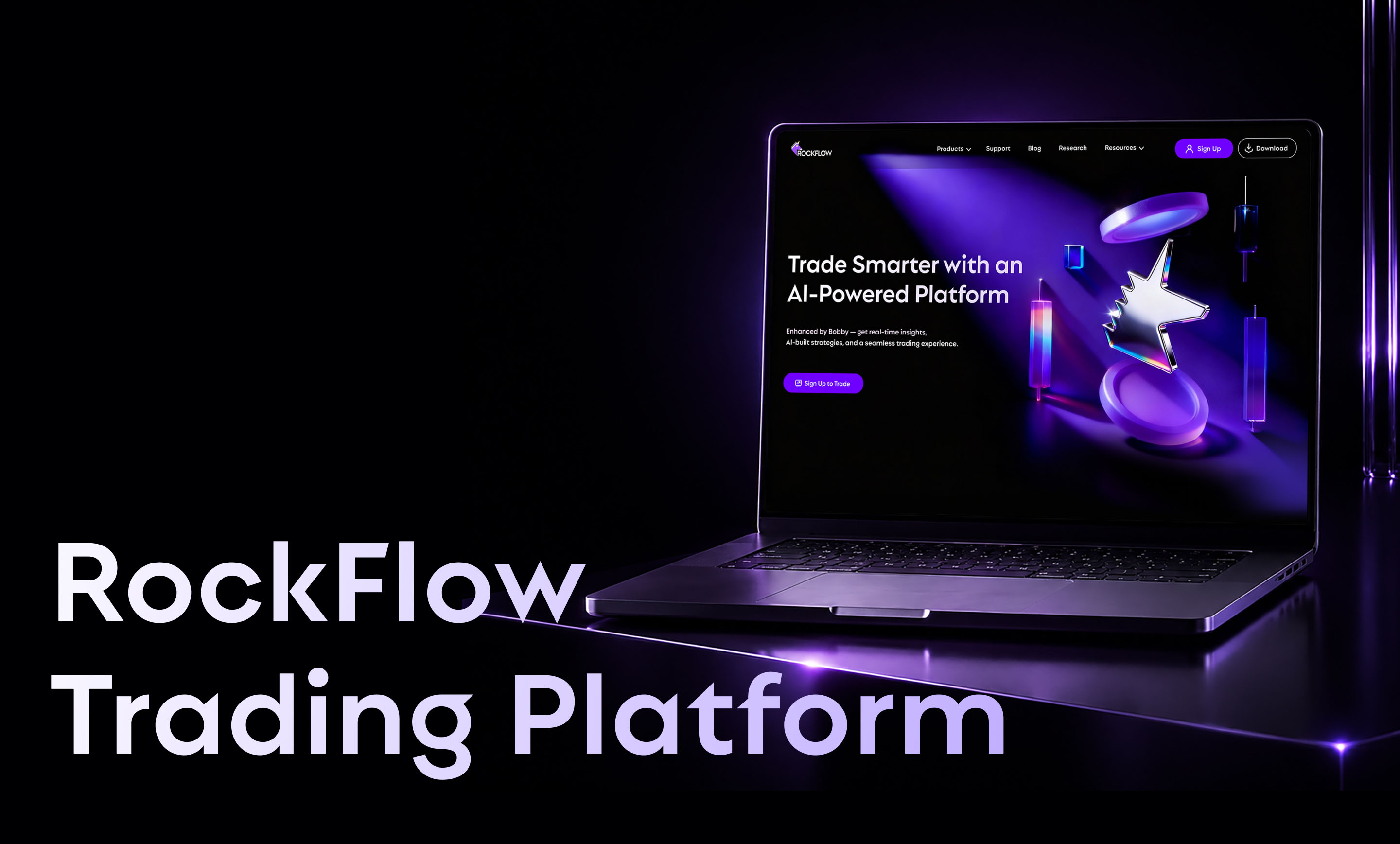 RockFlow Trading Platform displayed on a purple-lit laptop