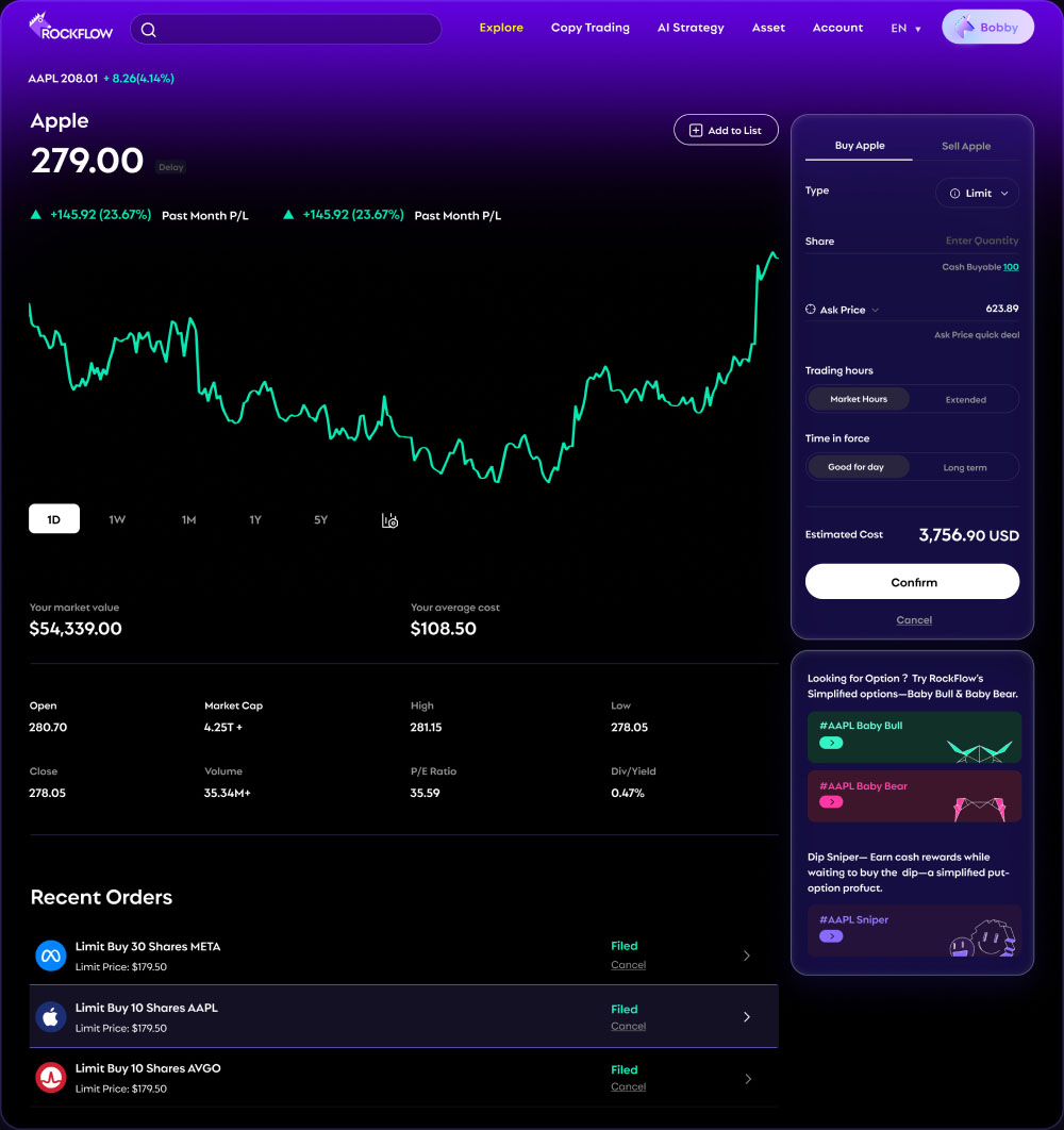 RockFlow desktop trading interface