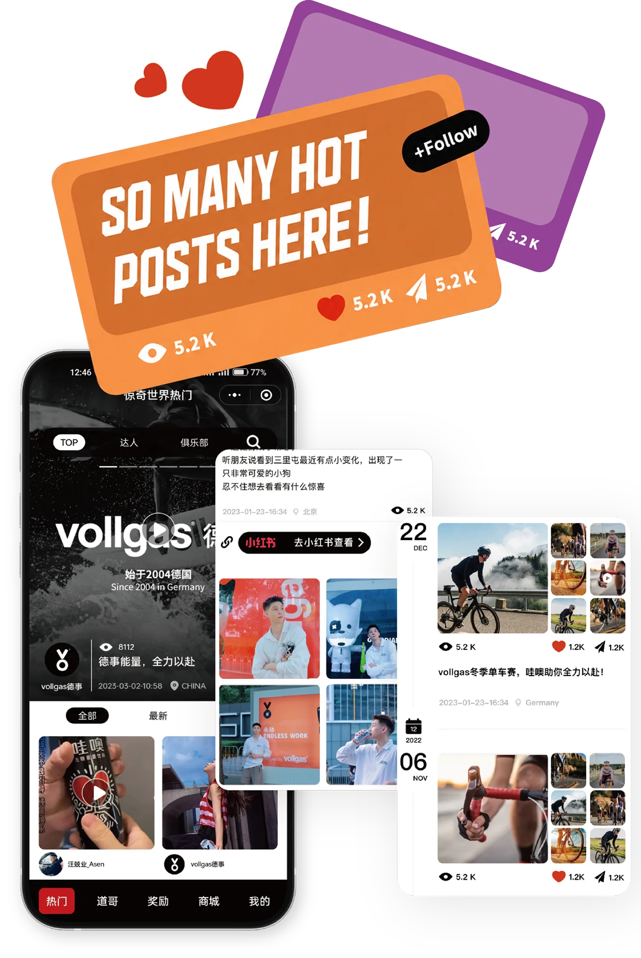 Vollgas community posts and social sharing interface